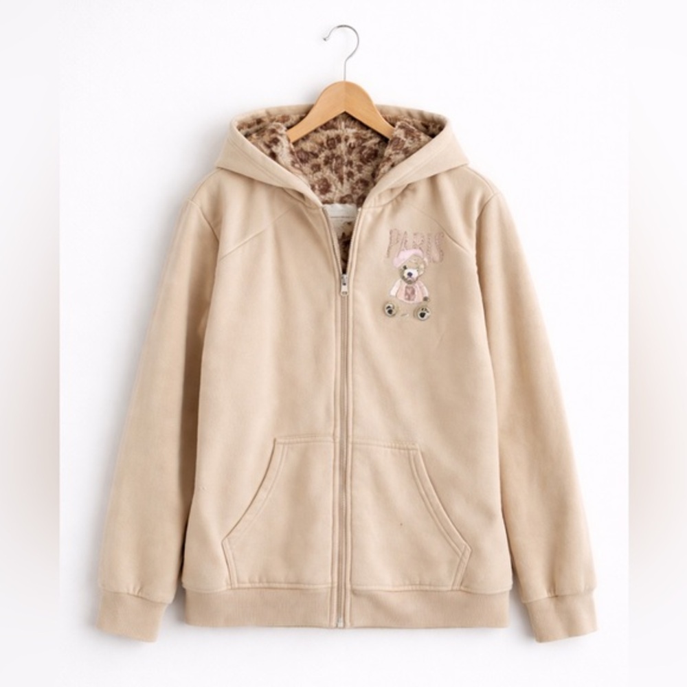 Common Stitch Teddy Bear Beige Zip Up Hoodie Large 14